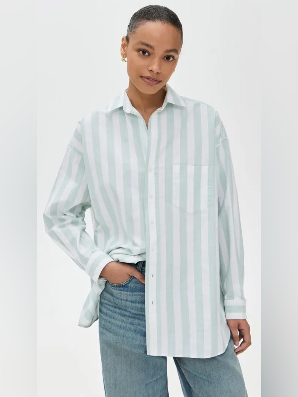 Frank & Eileen Sz Lg Shirley Oversized Button-Up in Wide Sage Stripe